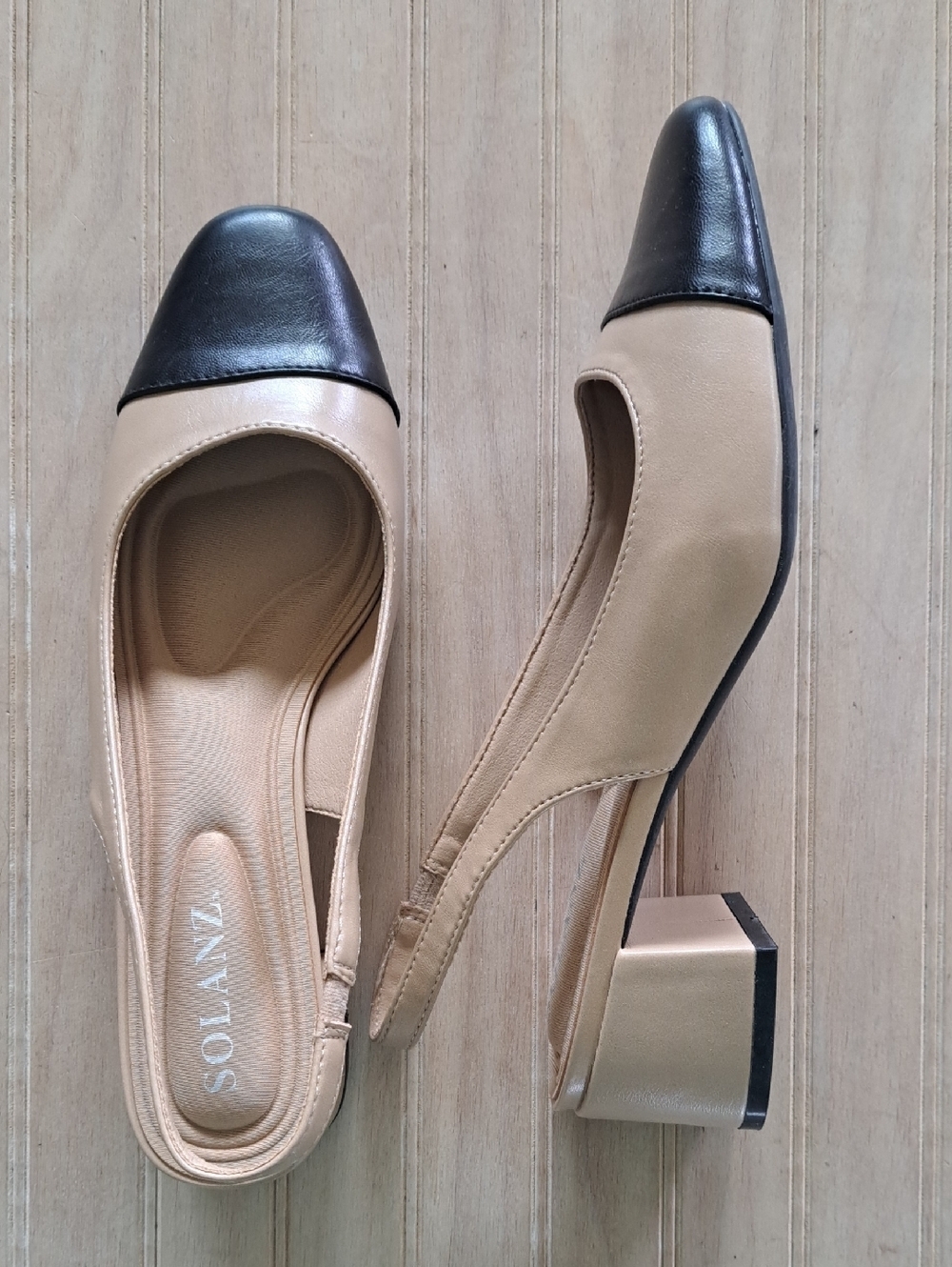 NWOT Solanz Jane Parisian Cap-Toe Slingback Nude Blk Block Heel Classy Chic